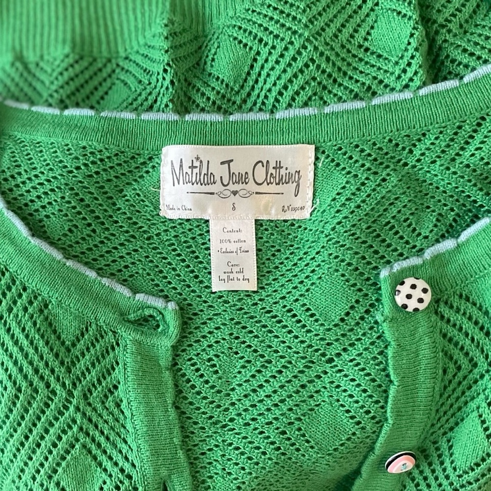 Matilda Jane Whimsy Green Crochet Striped Button Cardigan Sweater in EUC Sz S - Picture 7 of 7